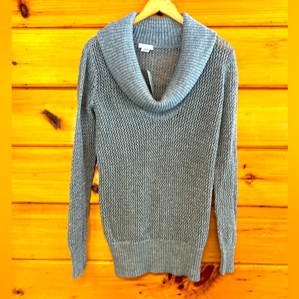 $118 NWT Cach’e Sparkly Grey Silver Shawl Neck Wide Stitches Cotton Sweater M